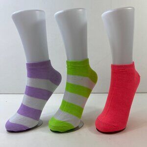 Womens Ankle Socks Set 3 Stripes Purple Green Pink White